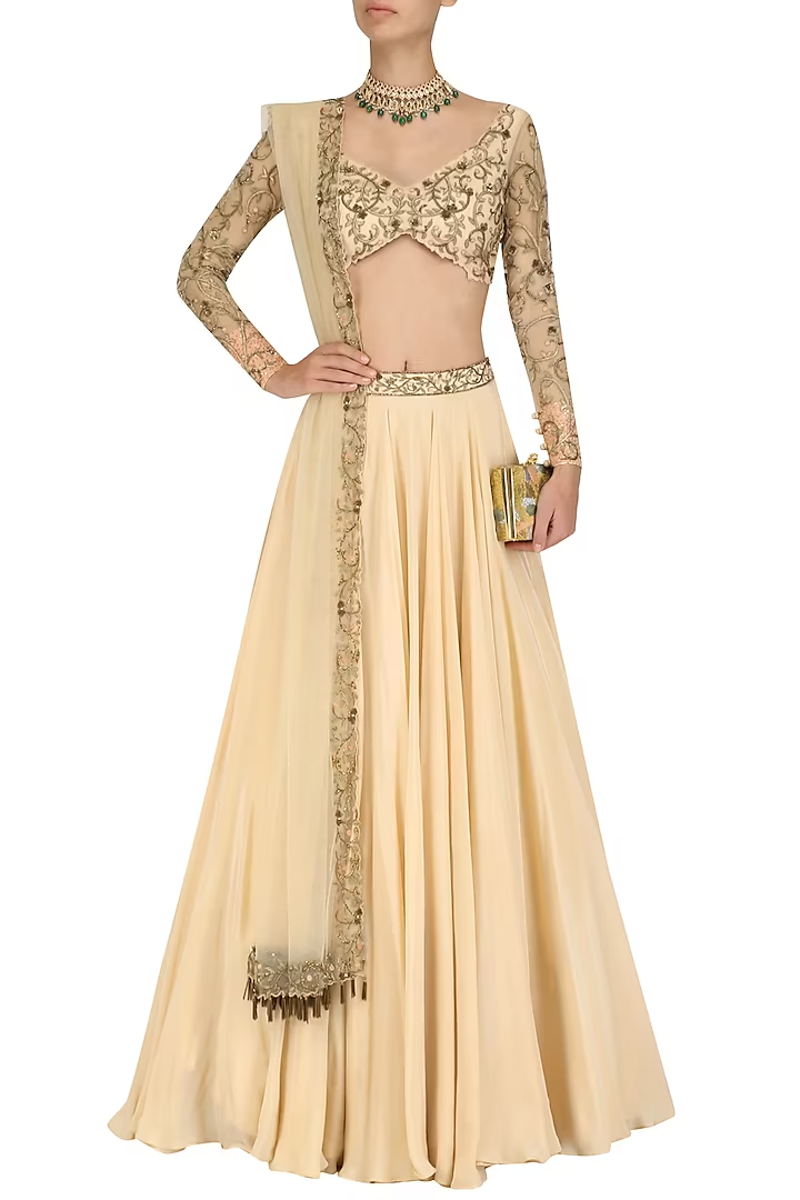 Golden Peach Floral Embroidred Lehenga Set