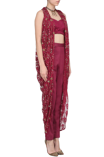 Red Wine Embellished Cape With Fitted Pants And Strapy Bustier Set