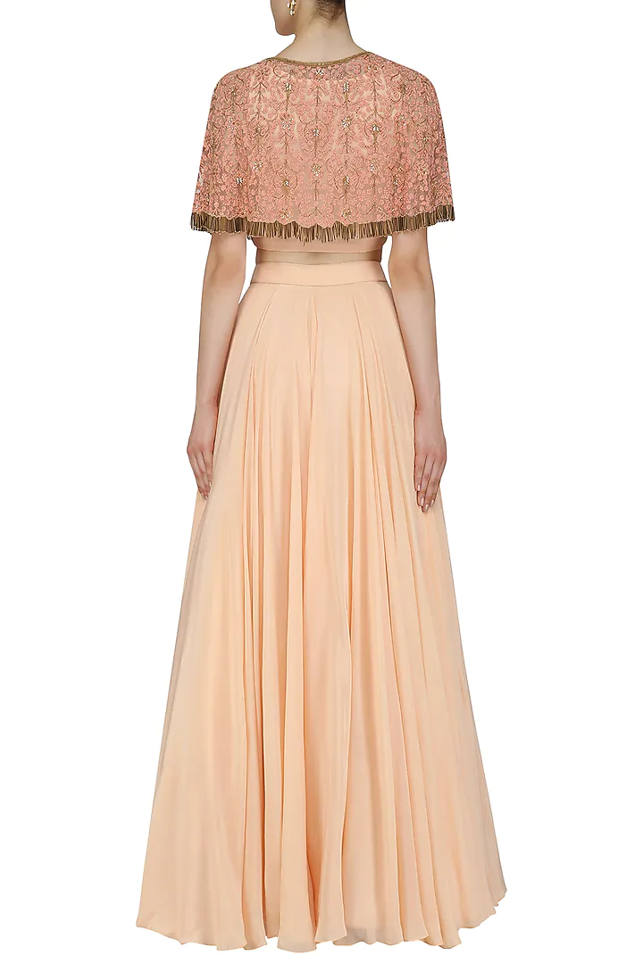 Peach Hand Embroidered Cape With Volume Skirt Set