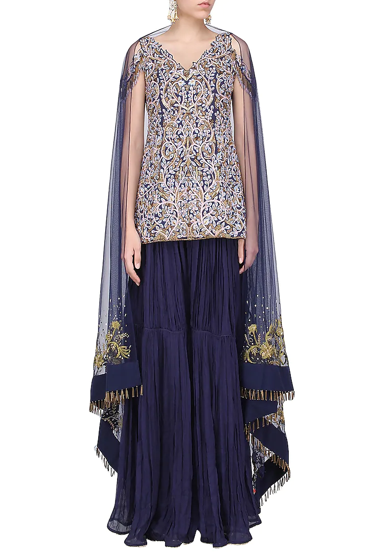 Midnight Blue Floral Embroidered Sharara Set