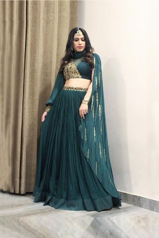 Bottle Green Embroidered Lehenga Set