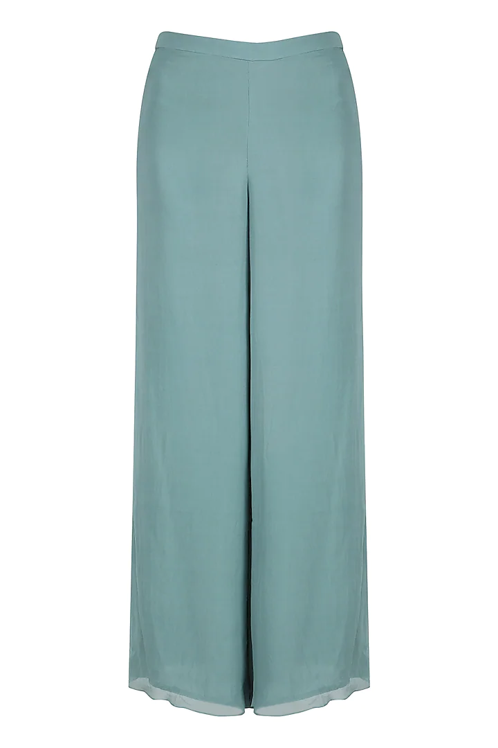 Ice Blue Embroidered Pleated Top with Flared Pants