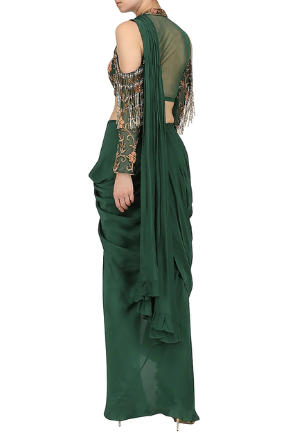 Bottle Green Drape Saree with Embroidered Blouse