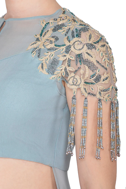 Baby Blue Embroidered Cutout Tunic With Palazzo Pants