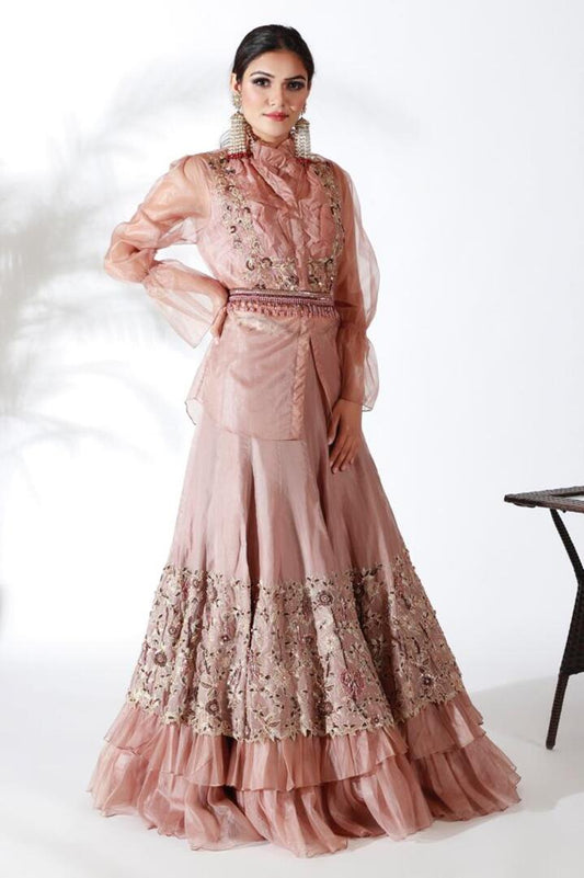 Almond Embroidered Ruffeled Shirt With Heavy Ruffeled Lehenga Set