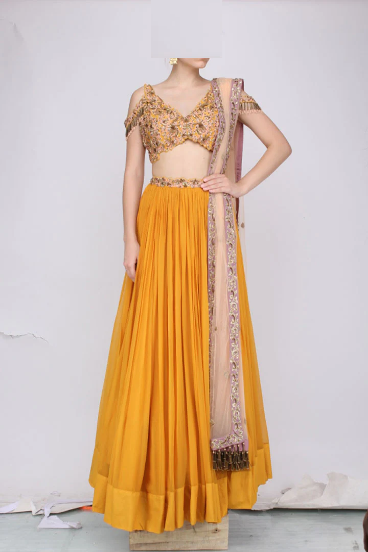 Mustard Floral Embroidered Lehenga Set