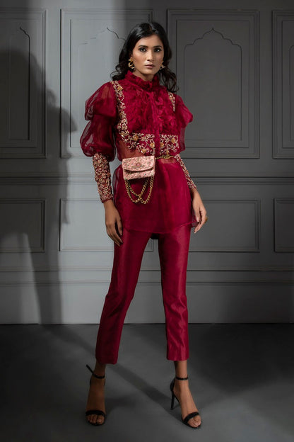 Cherry PANTS SET WITH EMBROIDERED Ruffled SHIRT