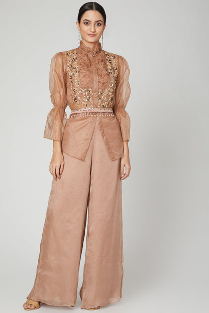 Almond Embroidered Textured Shirt With Kalidar Pants Alongwith Hand Embroidered Tassled Belt