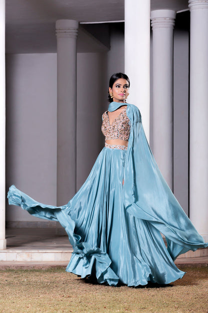 Ice Blue Hand Embroidered Blouse With Attached Wired Dupatta Lehenga Set