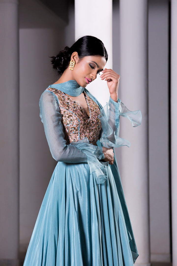 Ice Blue Hand Embroidered Blouse With Attached Wired Dupatta Lehenga Set