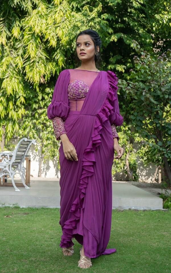 FUCHSIA ONESIE RUFFLED DRAPE SAREE