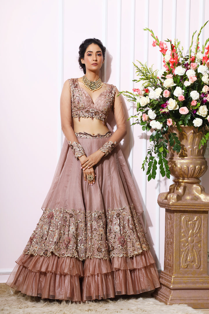 Almond Floral Embroidered Ruffle Bottom Lehenga Set