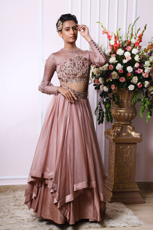 Almond Embroidered Layered Lehenga Set