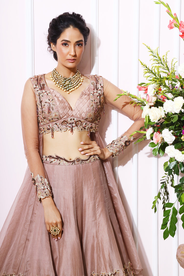 Almond Floral Embroidered Ruffle Bottom Lehenga Set