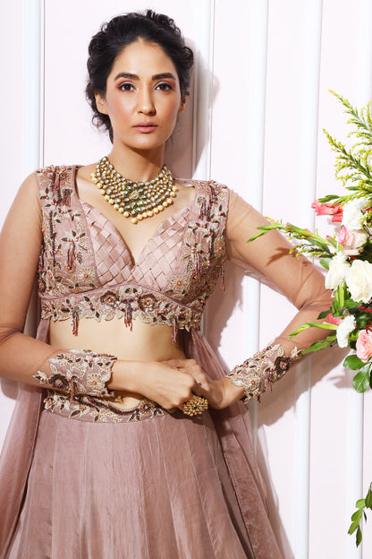 Almond Floral Embroidered Ruffle Bottom Lehenga Set