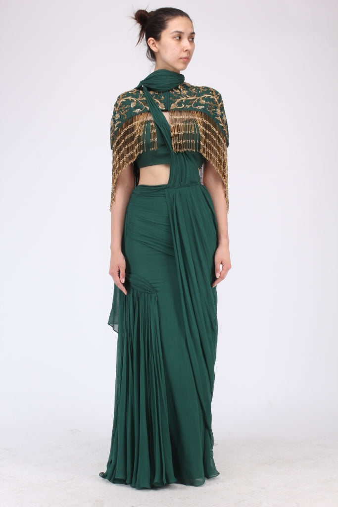 Bottle Green Drape Saree with Hand Embriodered Tasseled Cape Set