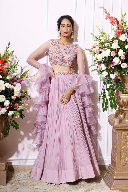 Lavender Hand Embroidered Lehenga Set With A Frill Dupatta