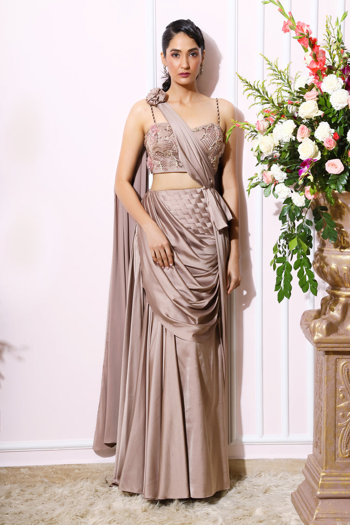 Almond Embroidered Pre-stitched Drape Saree