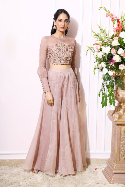 Almond Knotted Embroidered Blouse With Kalidar Sharara Pant Set