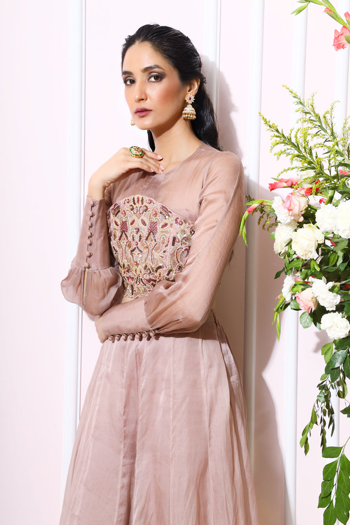 Almond Knotted Embroidered Blouse With Kalidar Sharara Pant Set