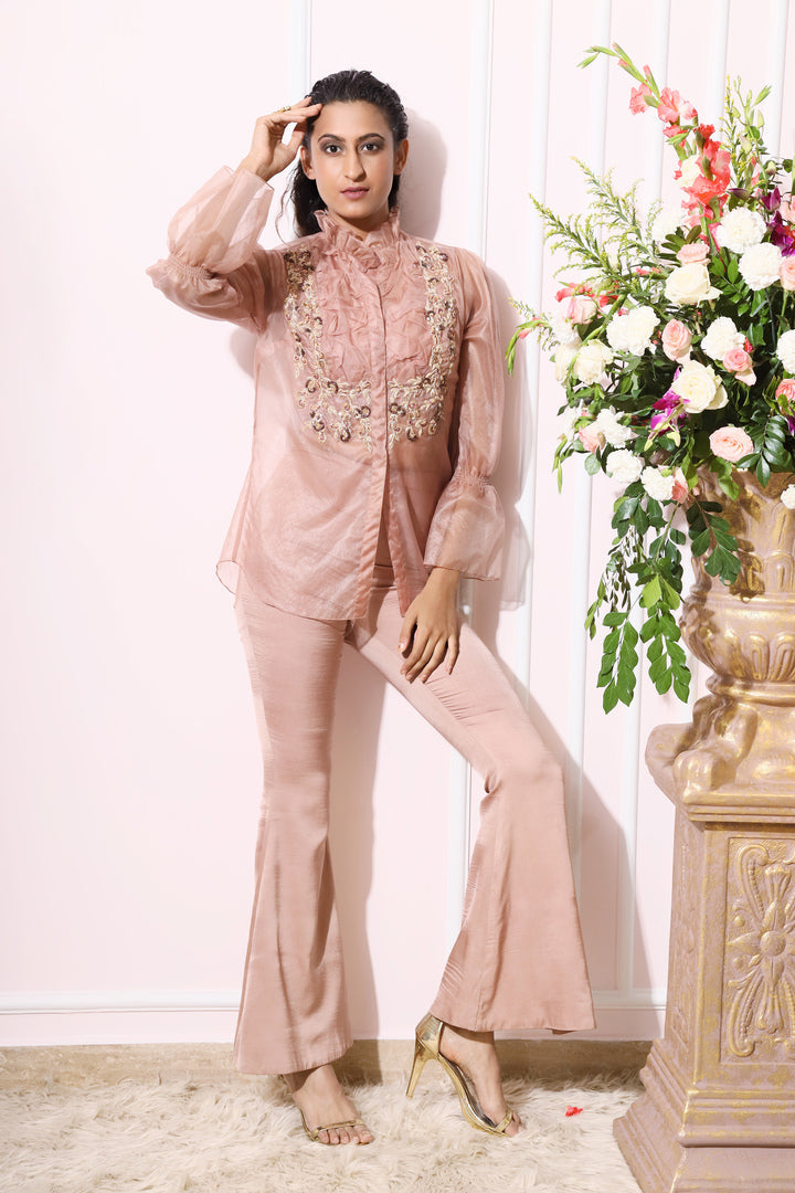 Almond Organza Shirt Set With Pants