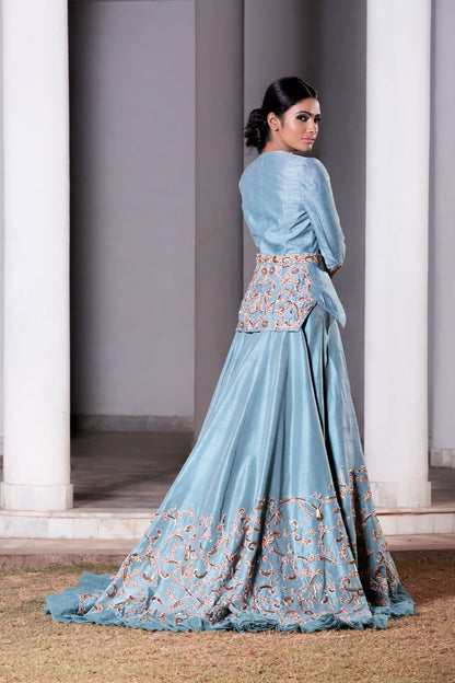 Ice Blue Hand Embroidered Trail Lehenga With A Jacket Set