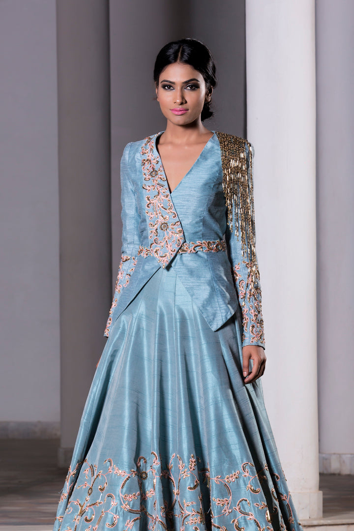 Ice Blue Hand Embroidered Trail Lehenga With A Jacket Set