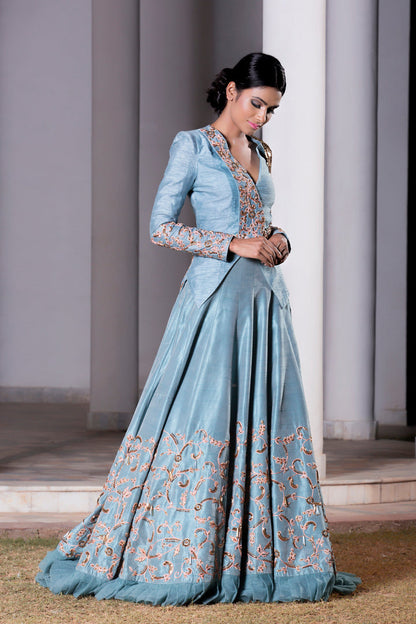 Ice Blue Hand Embroidered Trail Lehenga With A Jacket Set