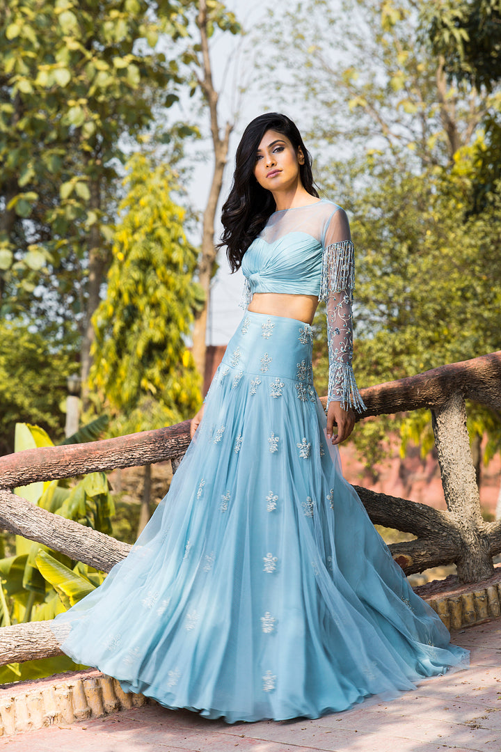 Ice Blue Knotted Hand Embroidered Blouse And Lehenga Set