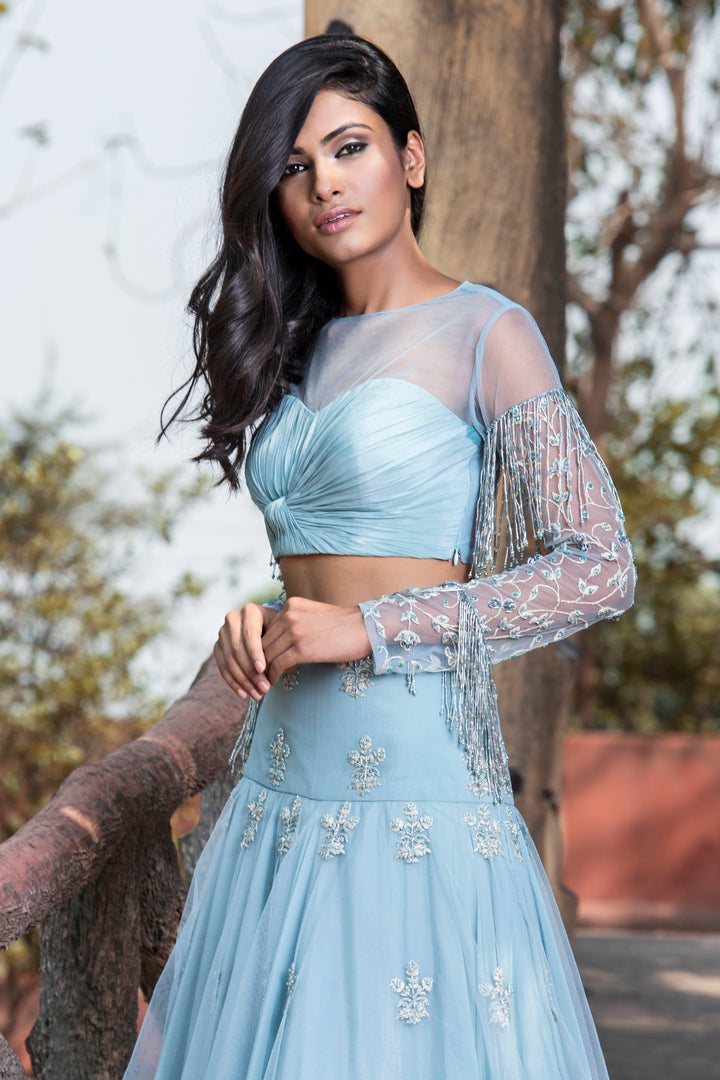 Ice Blue Knotted Hand Embroidered Blouse And Lehenga Set