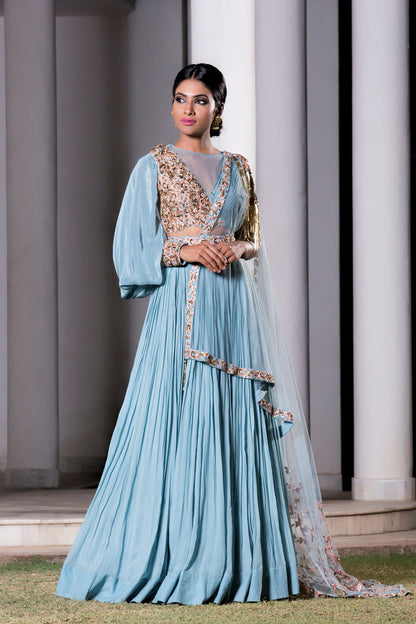 Ice Blue Lehenga Set with Attached Embroidered Dupatta