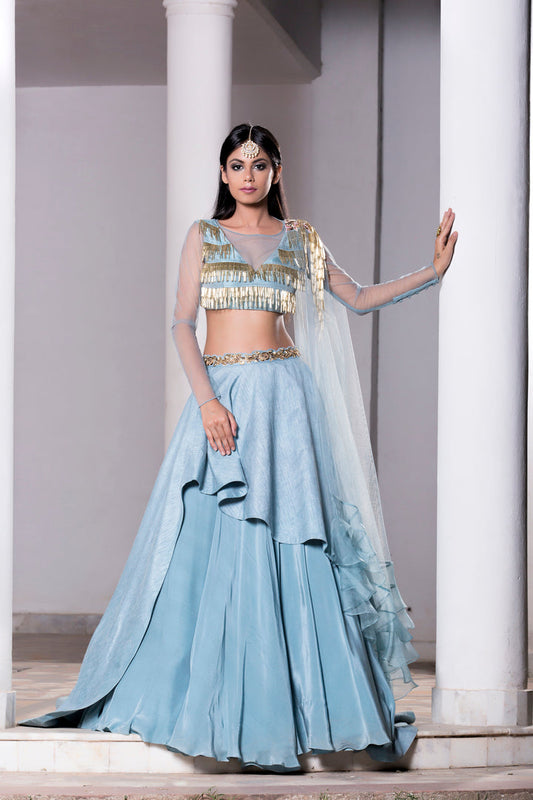 Ice Blue Tasseled Blouse With Layered Lehenga Set