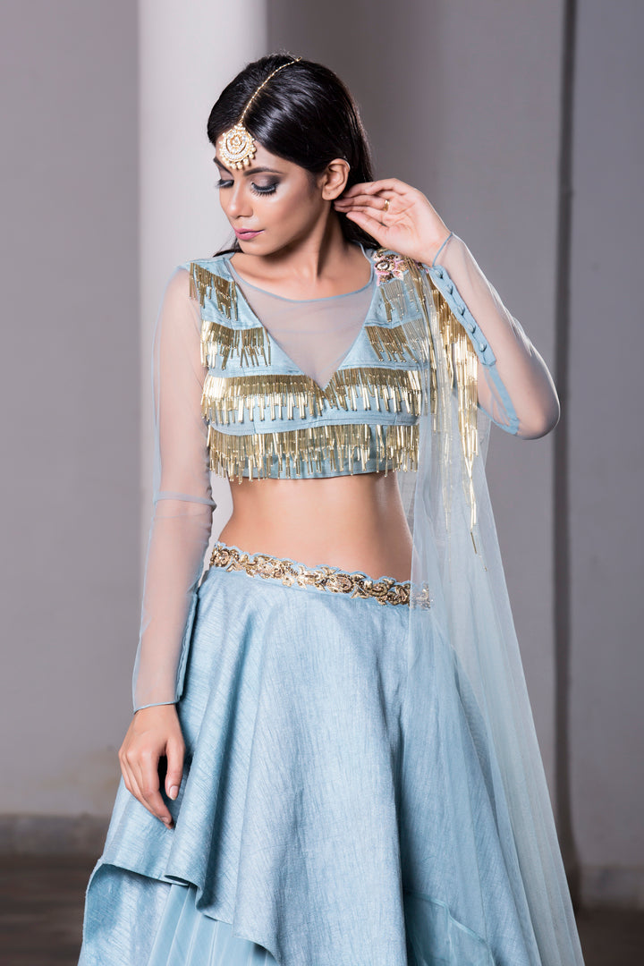 Ice Blue Tasseled Blouse With Layered Lehenga Set