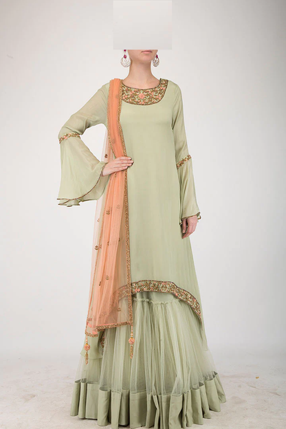 Mint Green Hand Embroidered Attached Lehenga Set