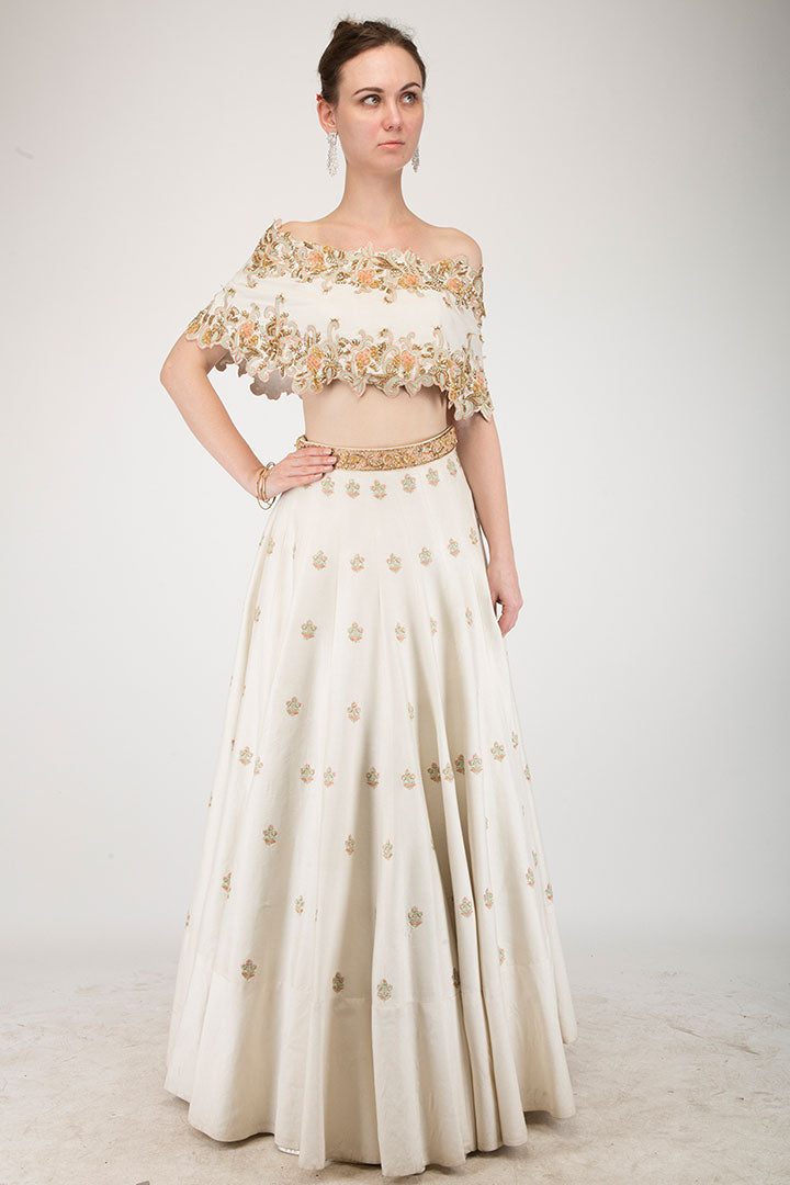 Ivory Cotton Silk Off Shoulder Cape With Lehenga Set