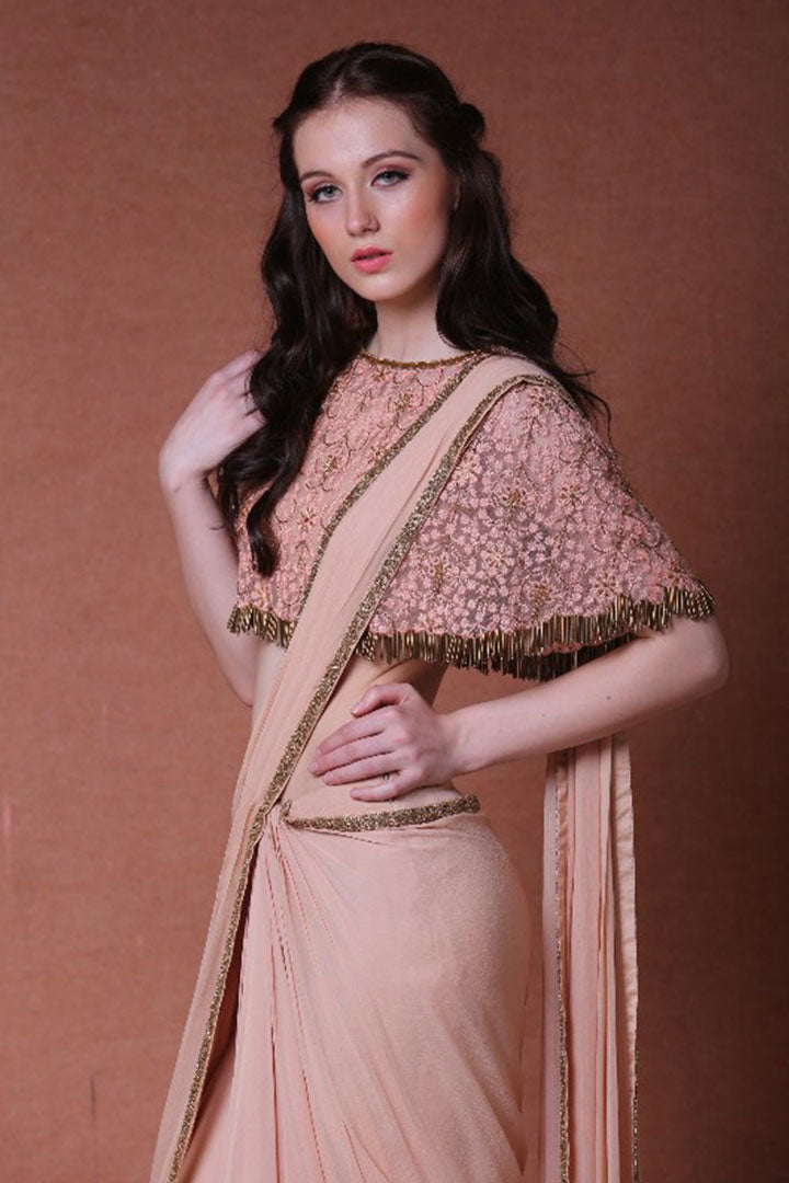 Peach Pre-stitched Saree With Hand Embroidered Cape Set