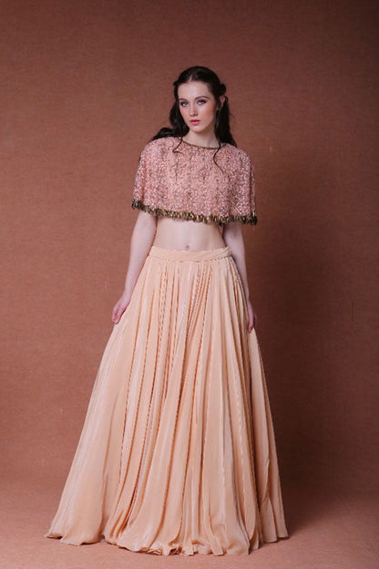 Peach Hand Embroidered Cape With Volume Skirt Set