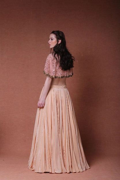 Peach Hand Embroidered Cape With Volume Skirt Set