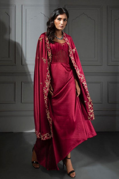 CHERRY RED BONING GOWN WITH EMBROIDERED CAPE DUPATTA