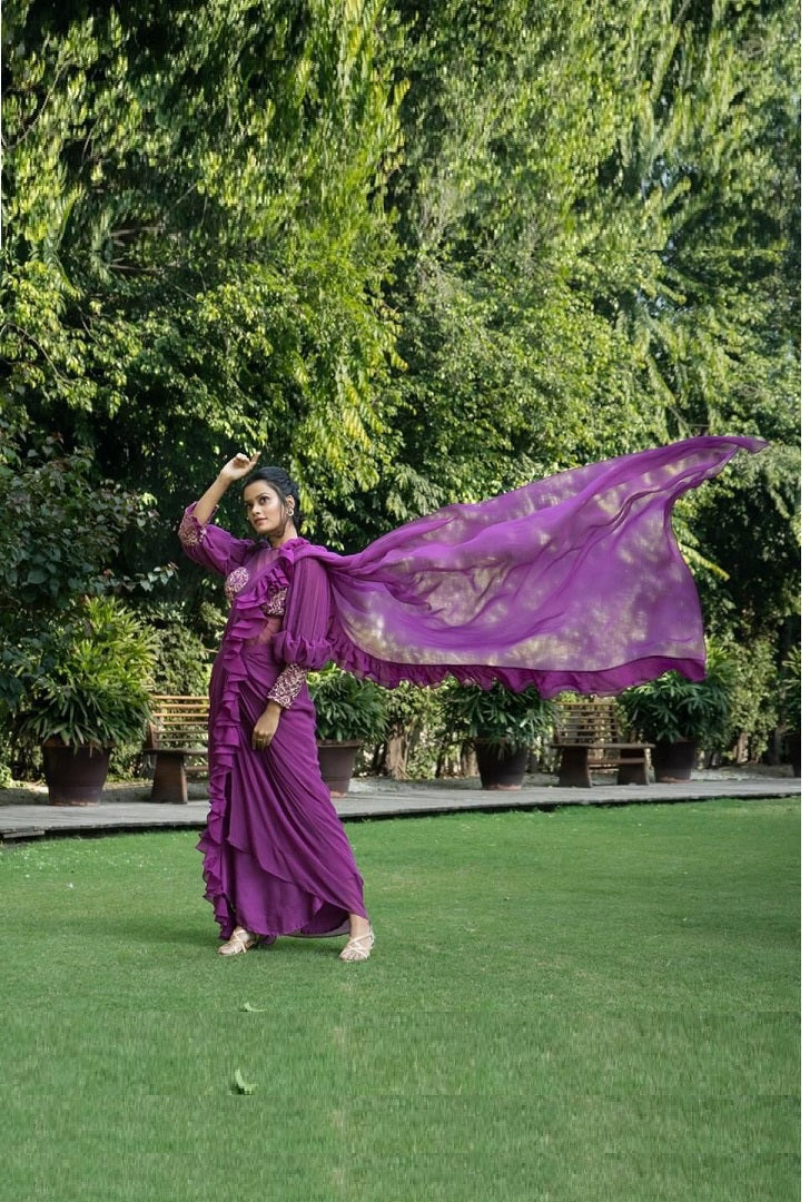 FUCHSIA ONESIE RUFFLED DRAPE SAREE