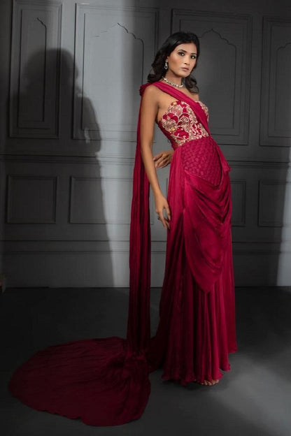 CHERRY RED GOWN WITH A LONG PALLA