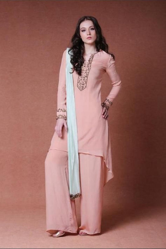 Peach Hand Embroidered Asymmetic Palazzo Suit Set