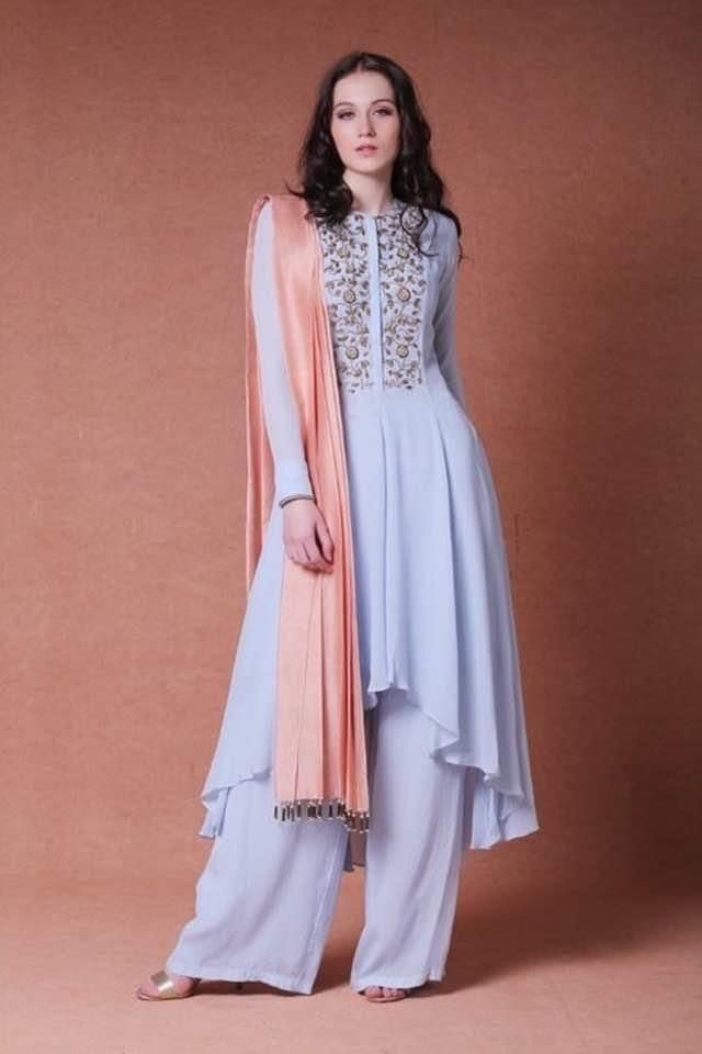 Powder Blue Hand Embroidred Asymmetic Tunic with Palazzo Set