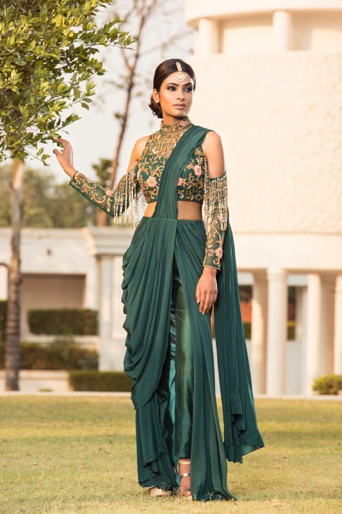 Bottle Green Drape Saree with Embroidered Blouse