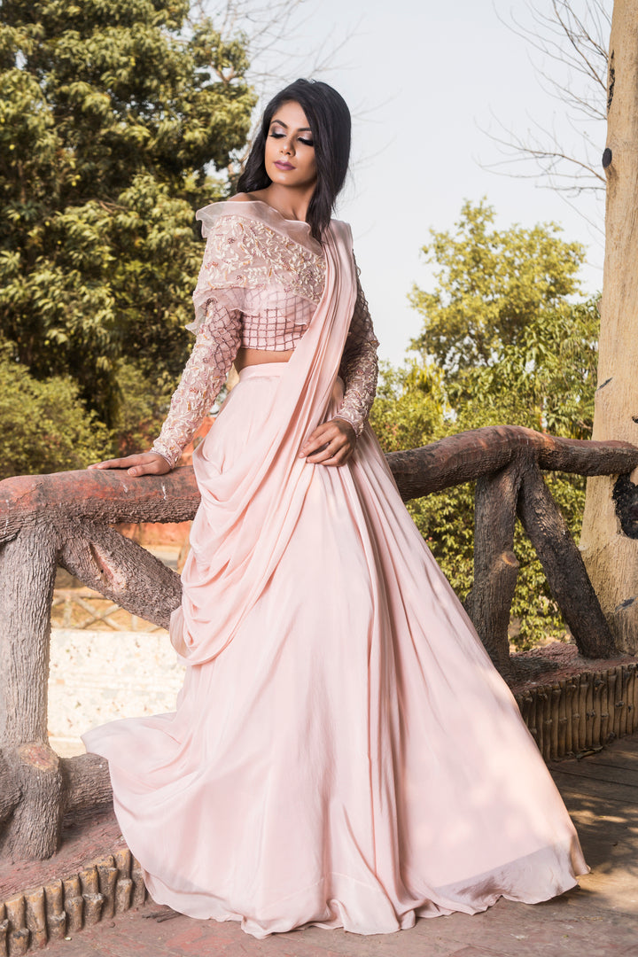 Rose Pink Hand Embroidered Organza Blouse With Lehenga Set