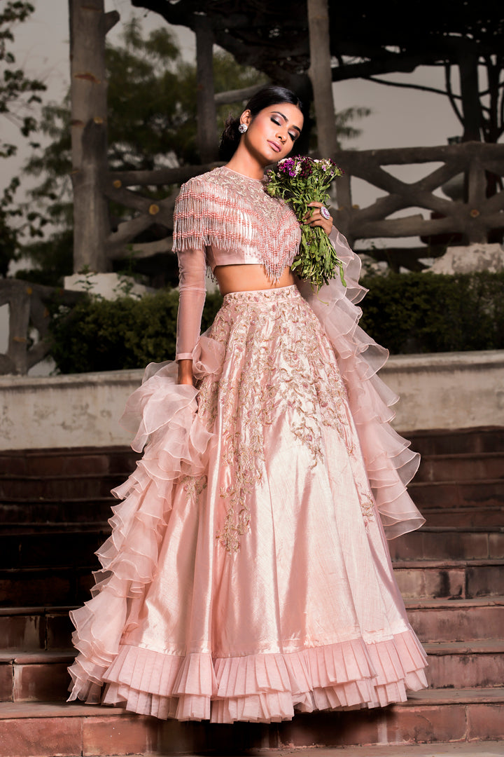 Rose Pink Hand Embroidered Tasselled Blouse With Volume Lehenga Set