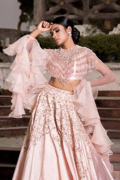 Rose Pink Hand Embroidered Tasselled Blouse With Volume Lehenga Set