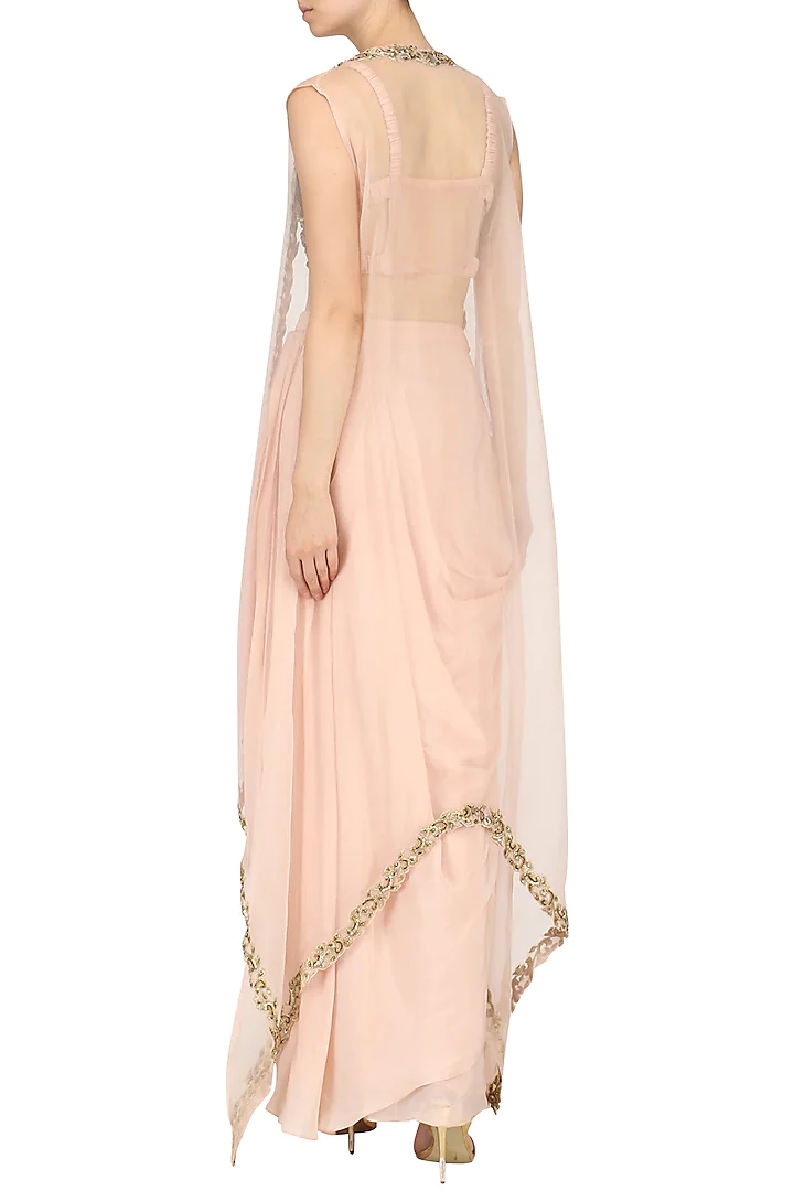 Rose Pink Drape Skirt with Embroidered Blouse and Cape