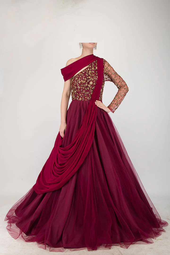 Red Wine Hand Embroidered Drape Flare Gown