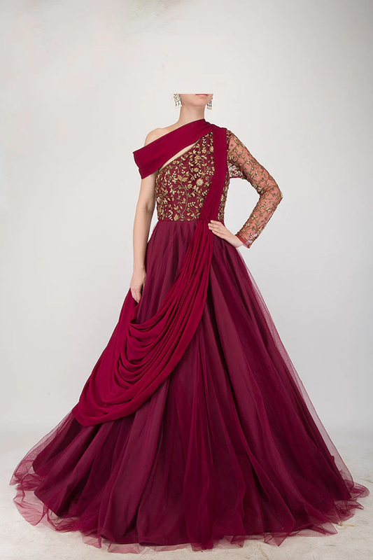 Red Wine Hand Embroidered Drape Flare Gown